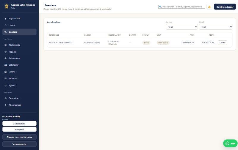 Dossiers clients dans Nafa Voyage